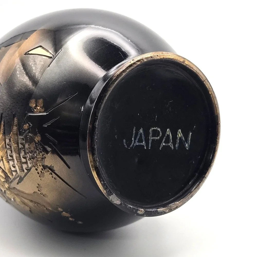 Vintage Japanese Black Enamel Brass Bud Vase Etched Pagoda Landscape Scene Japan